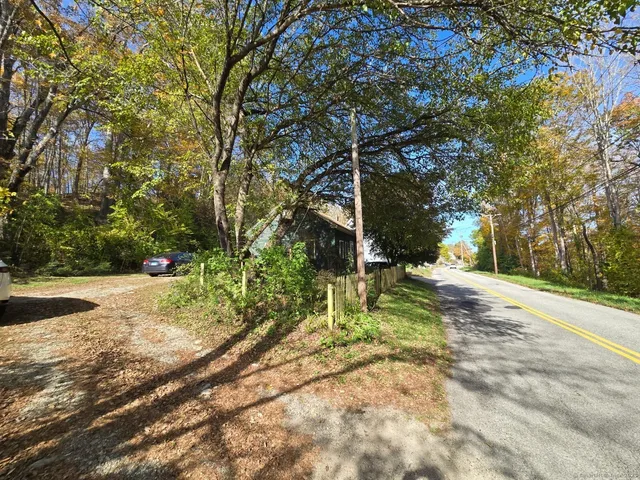a view of road with large trees