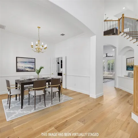 a view of a dining room with furniture