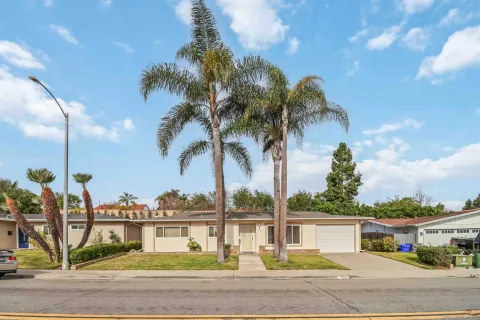 a view of a palm trees front of house