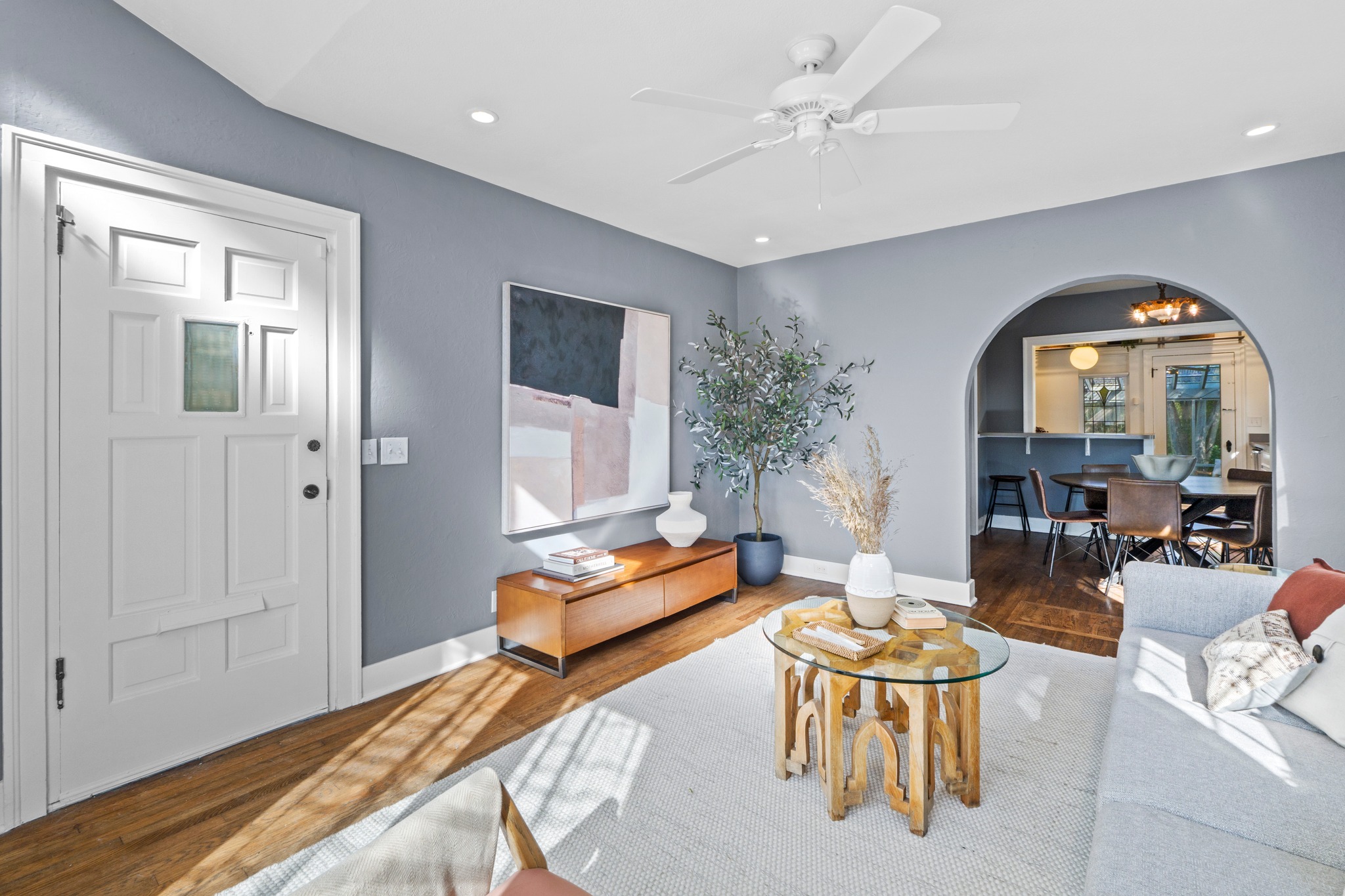 4802 Rowena Avenue Austin, TX 78751 - Photo 4 of 37 Living area featuring hardwood flooring, recessed lighting, and a ceiling fan.