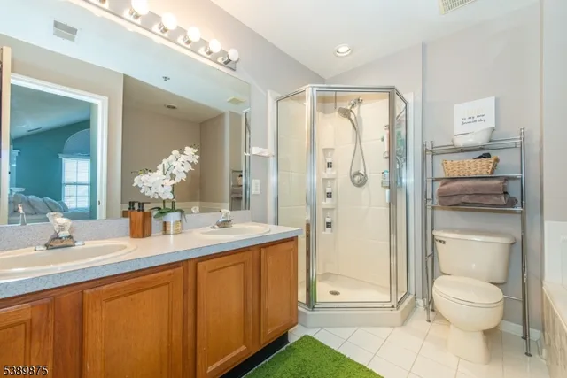 a bathroom with a shower sink vanity mirror and toilet