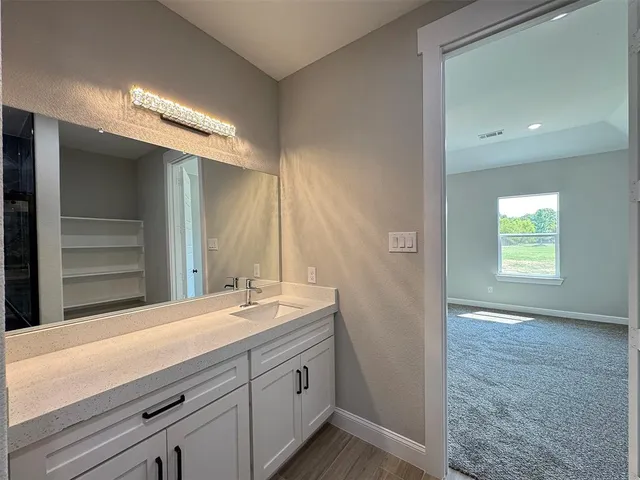 a bathroom with a sink a vanity and a mirror