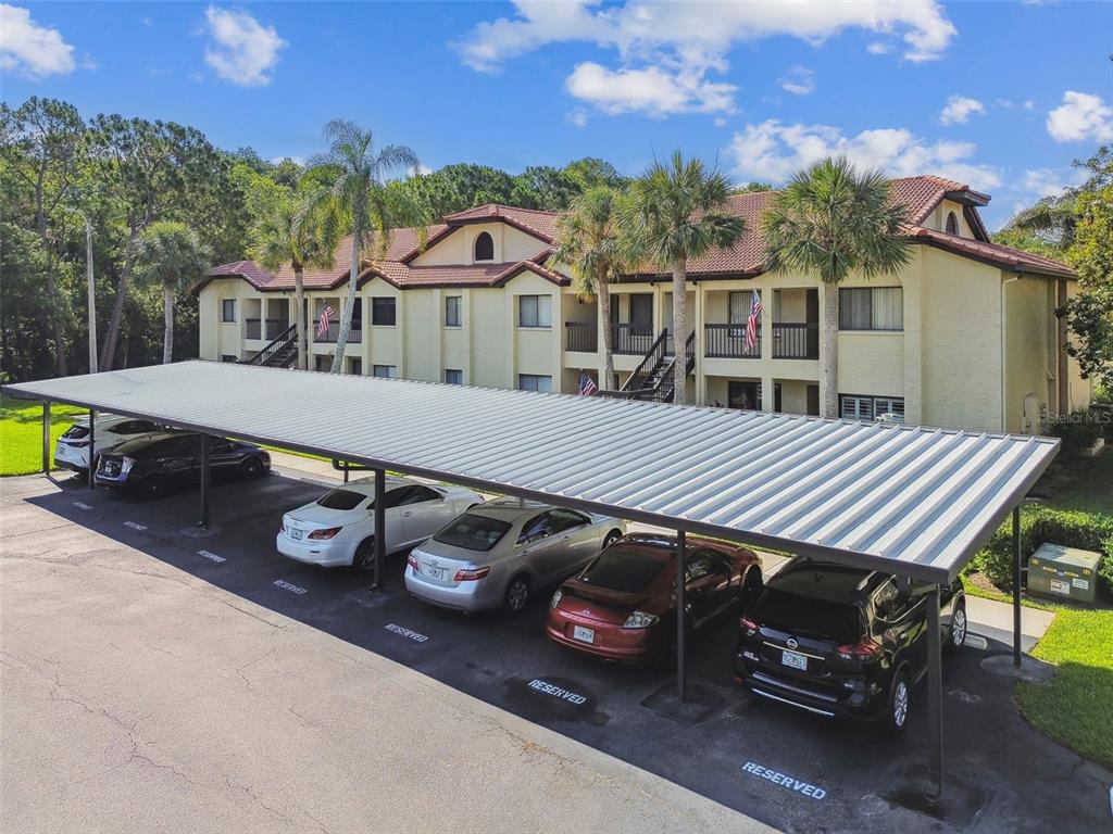 1801 East Lake Road South, Unit 3A Palm Harbor, FL 34685 - Photo 44 of 56 a view of a patio with table and chairs with wooden floor