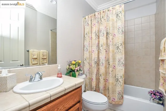 a bathroom with a sink a toilet a tub and shower curtain
