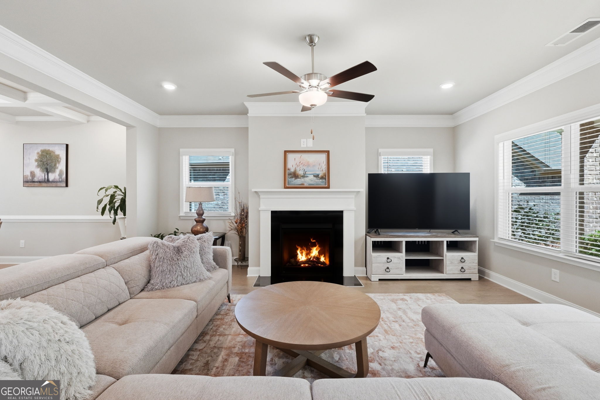 604 O'Brians Path McDonough, GA 30253 - Photo 9 of 41 a living room with furniture a flat screen tv and a fireplace