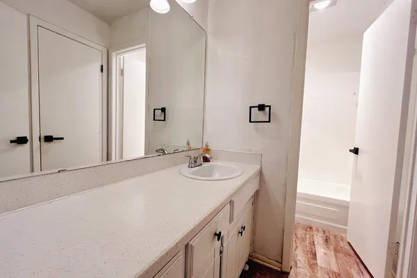 a bathroom with a sink a mirror and a shower