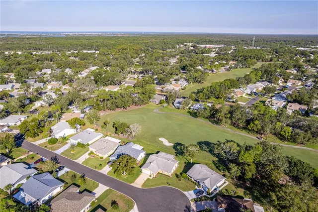 an aerial view of residential houses with outdoor space and trees