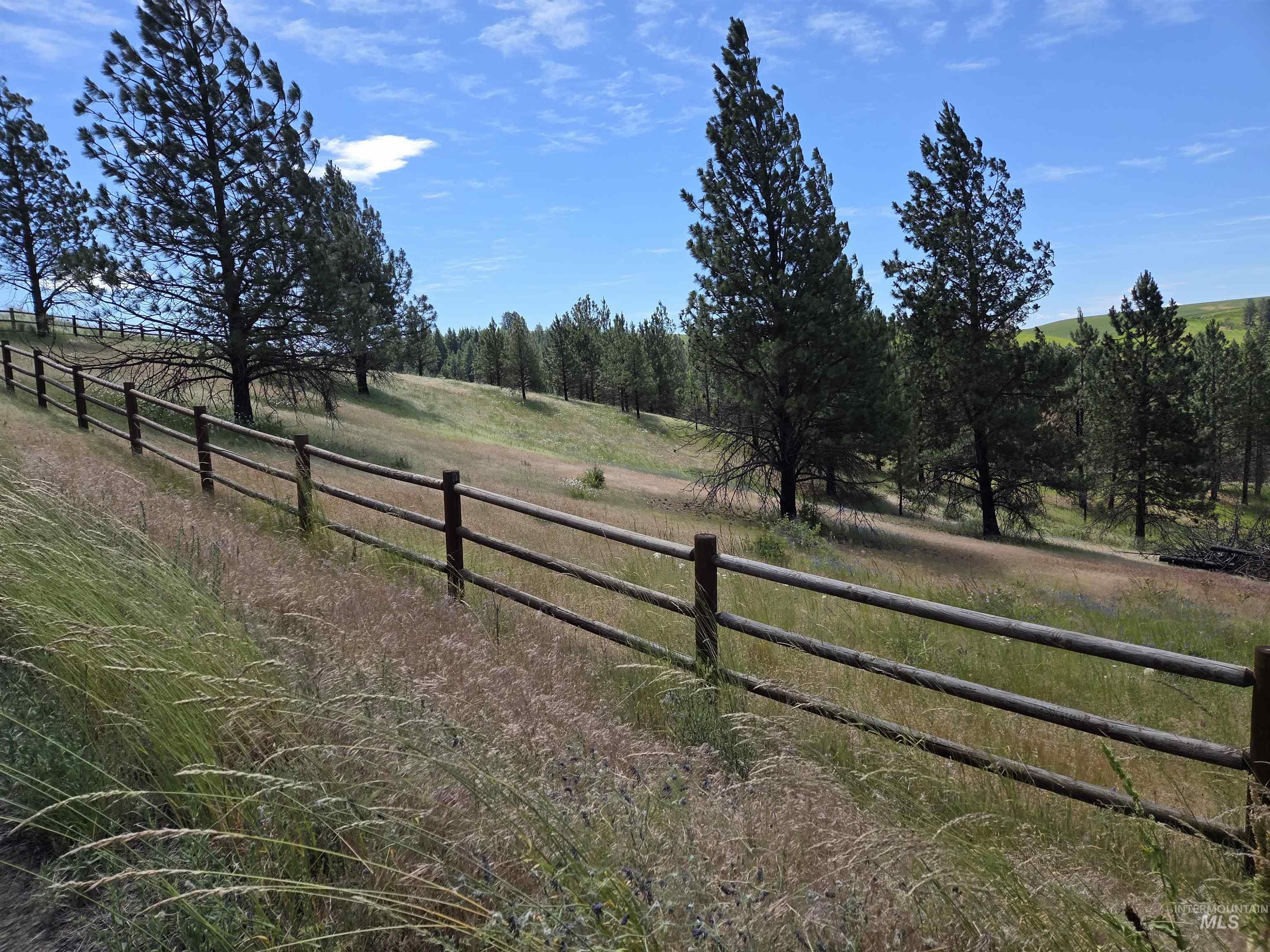 1085 Wallen Road Moscow, ID 83843 - Photo 50 of 50 Wood-rail fencing defining property lines within a natural landscape featuring mature evergreen trees and varied grasses