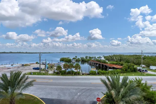 a view of a lake in middle of the town