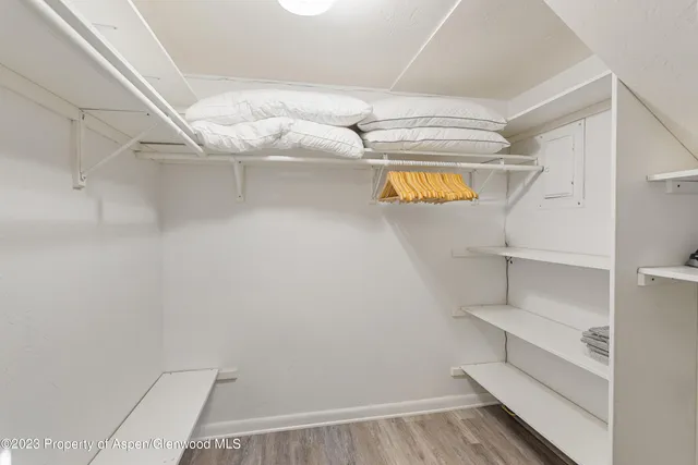 a view of walk in closet with empty racks