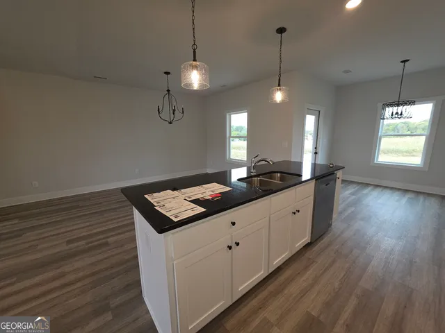a kitchen with stainless steel appliances granite countertop cabinets a sink a window and wooden floor