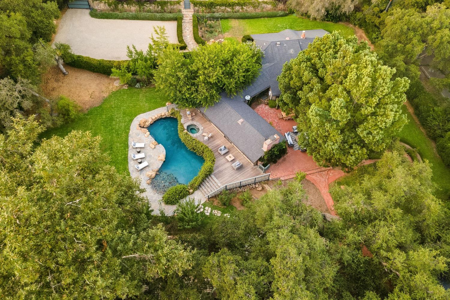 1001 Foothill Road Ojai, CA 93023 - Photo 49 of 50 an aerial view of a house with a yard and lake view