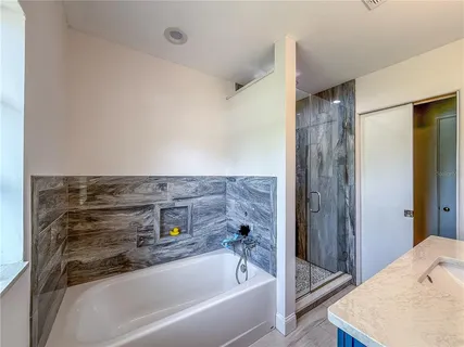 a bathroom with a bathtub and a shower