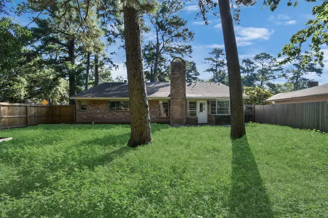a view of a backyard with large tree