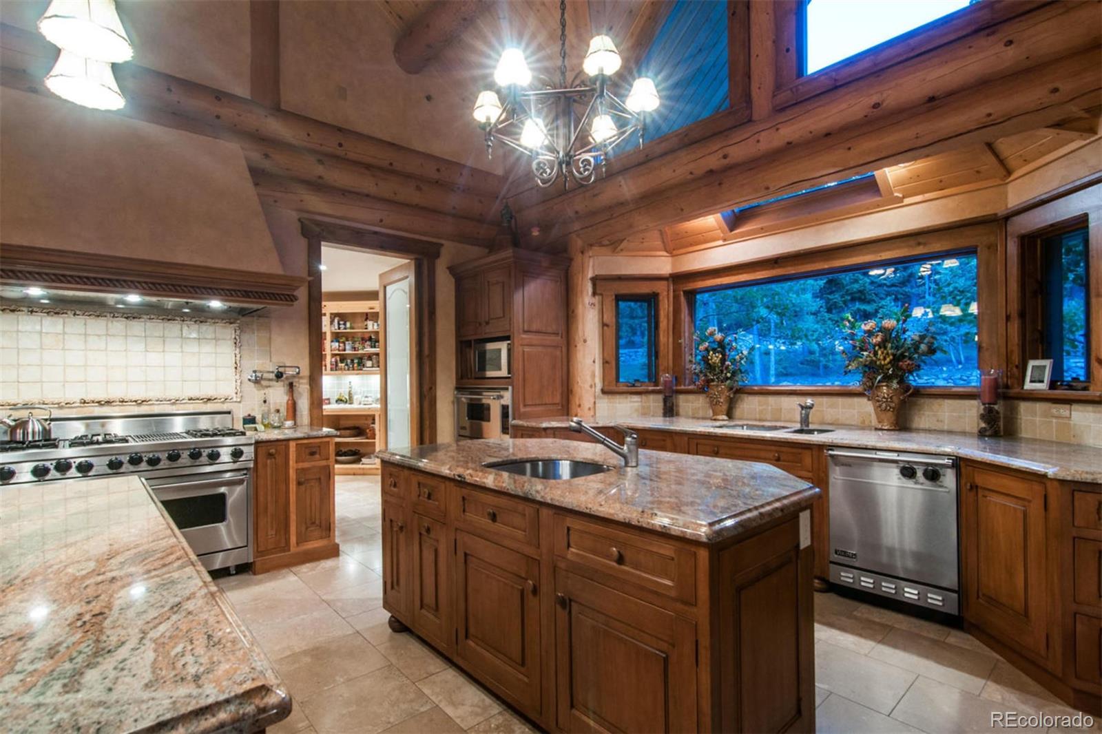 590 West Meadow Road Evergreen, CO 80439 - Photo 14 of 40 a kitchen with stainless steel appliances granite countertop a stove a sink and a refrigerator