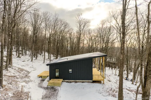 a backyard of a house with trees and covered with snow