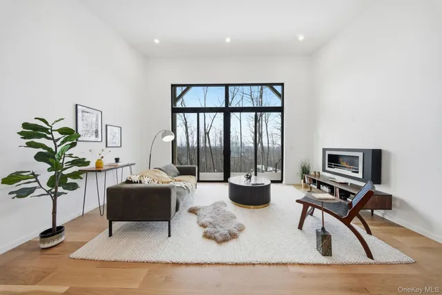 a living room with furniture a potted plant and a potted plant