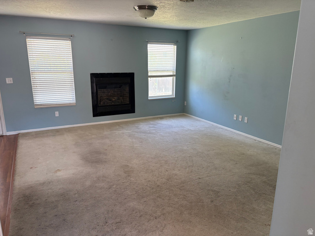 587 West 2400 South Perry, UT 84302 - Photo 12 of 46 Living area featuring a black-framed fireplace, two windows with blinds, light blue walls, and carpet flooring with a wood-finish flooring border