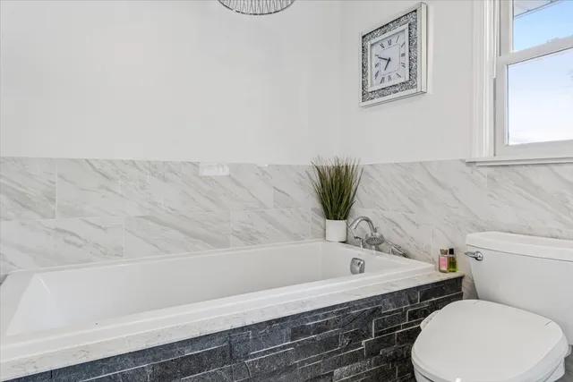 a bathroom with a bathtub and a toilet