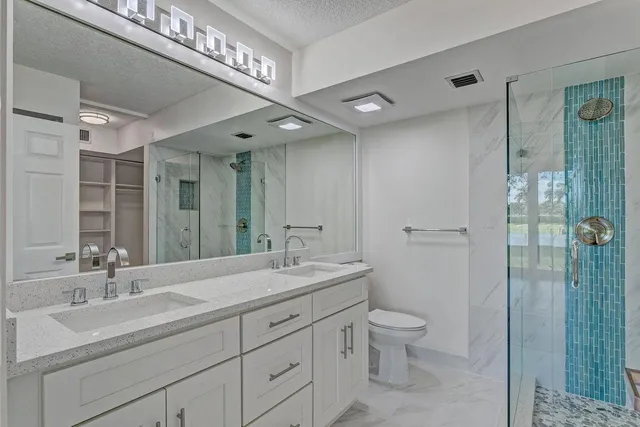 a bathroom with a toilet a sink a mirror a shower a vanity and window
