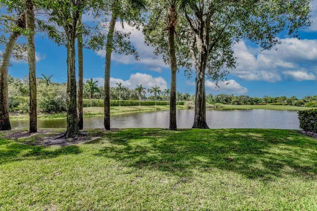 a view of a garden with a lake