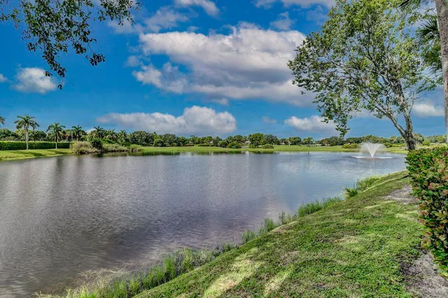 a view of a lake with houses in the back