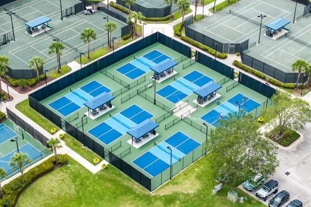 an aerial view of a pool