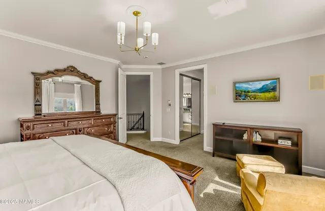 a bedroom with a bed and a chandelier