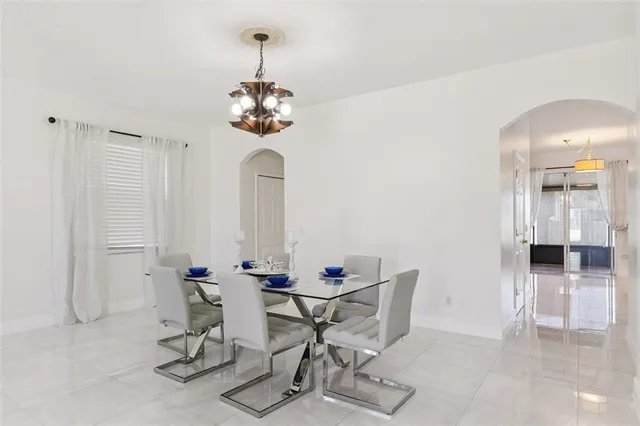 a view of a dining room with furniture