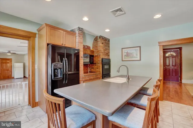 a view of a dining room with furniture
