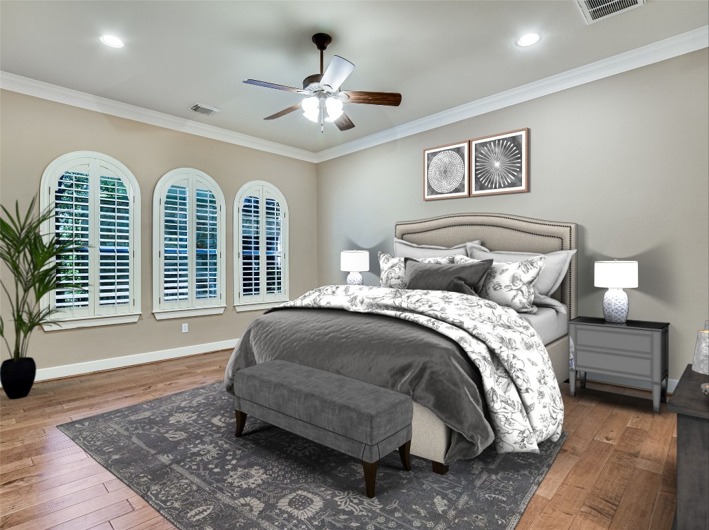 1036 Liberty Park Drive, Unit 54 Austin, TX 78746 - Photo 13 of 24 a spacious bedroom with a bed and a chandelier