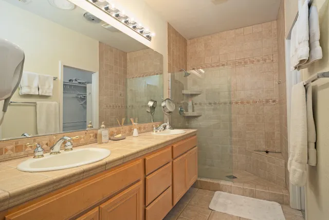 a bathroom with a sink shower and a mirror
