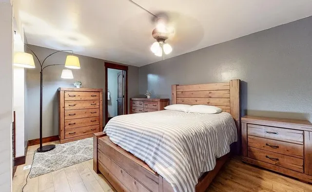 a bedroom with a bed and furniture