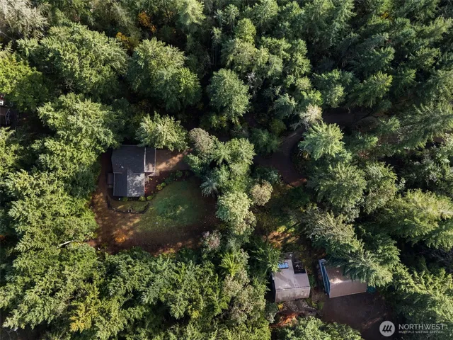 an aerial view of residential house with green space
