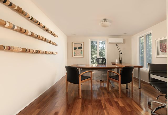 a view of a dining room with furniture