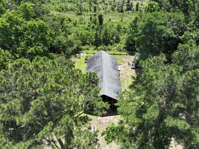 an aerial view of a house with a yard and large trees
