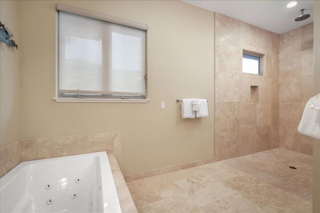 a bathroom with a bathtub and a shower