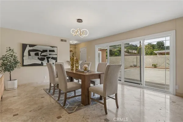 a view of a dining room with furniture window and outside view