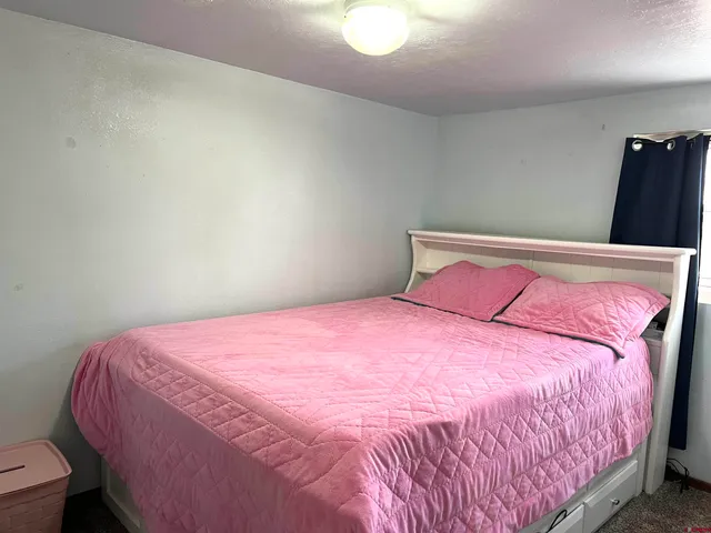 a bedroom with a bed next to a window