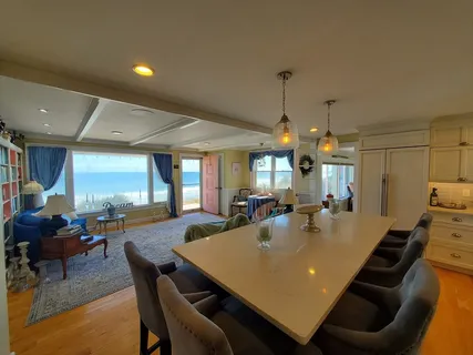 a living room with furniture a dining table and a potted plant