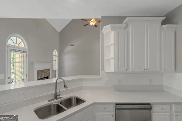 a kitchen with a sink and cabinets