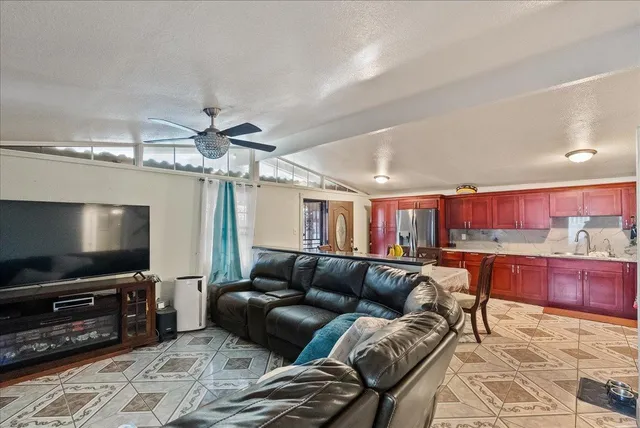 a living room with furniture and a ceiling fan