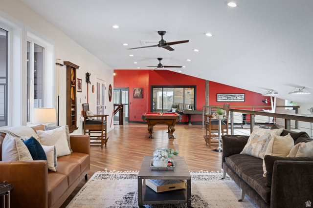 1263 Chapman Court Alpine, UT 84004 - Photo 23 of 83 Living room with a ceiling fan, light wood finished floors, pool table, recessed lighting, and lofted ceiling