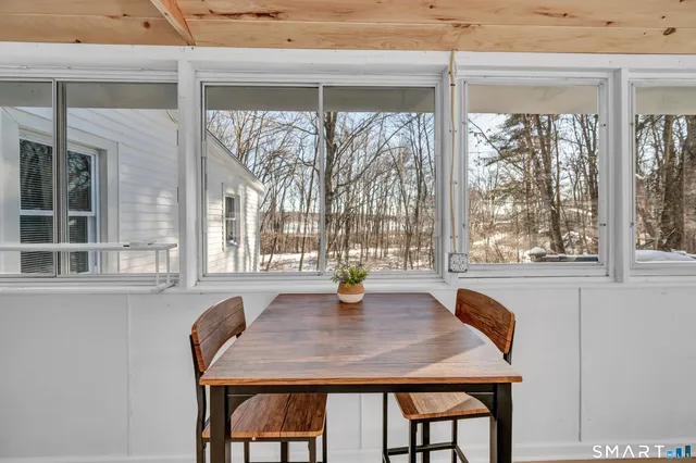 a view of a dining room with furniture and window