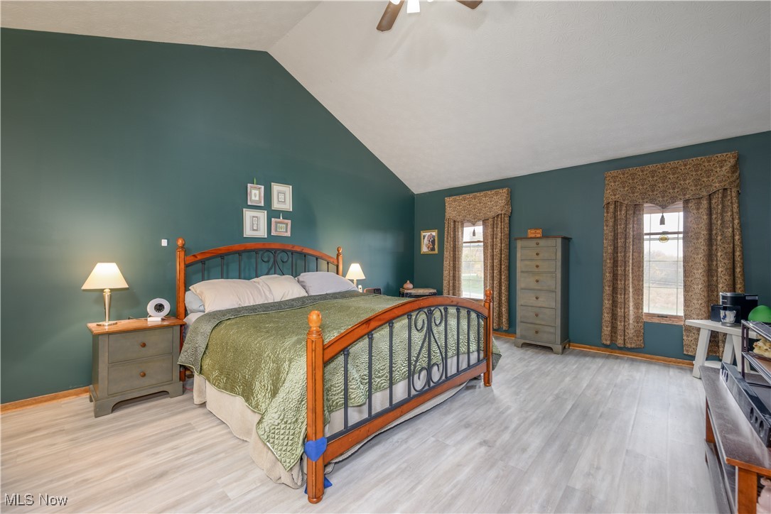 7300 Darrow Road Hudson, OH 44236 - Photo 19 of 44 Main Bedroom with ceiling fan, hardwood / wood-style flooring, and lofted ceiling