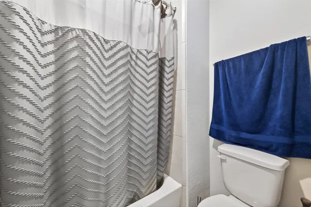 a bathroom with a toilet and shower curtain