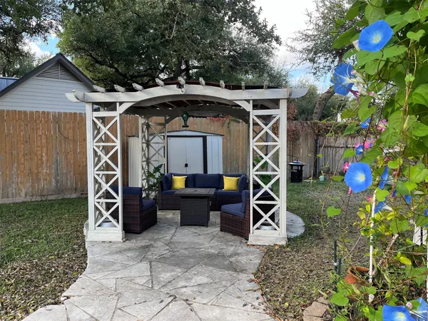 a front view of a house having patio
