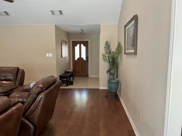 a hallway with a workspace