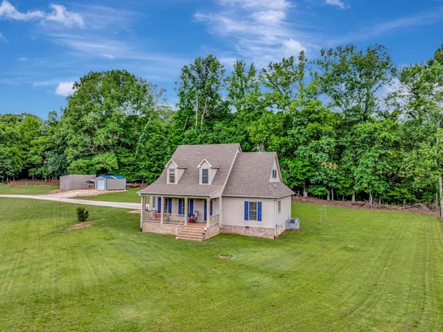 a view of a house with a big yard potted plants and large tree