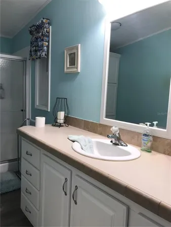 a bathroom with a sink and a mirror